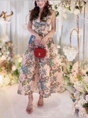 Zimmermann Matchmaker Pink Floral Silk Linen Tie Midi Dress